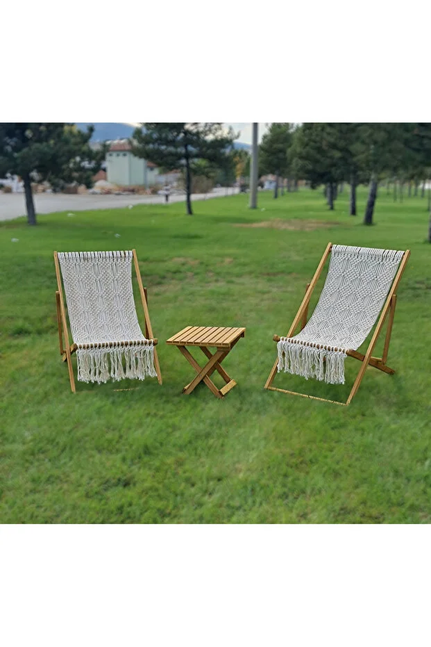 Ahşap Bahçe Balkon Teras Mobilyası, Makrome Şezlong Seti(2+1)
